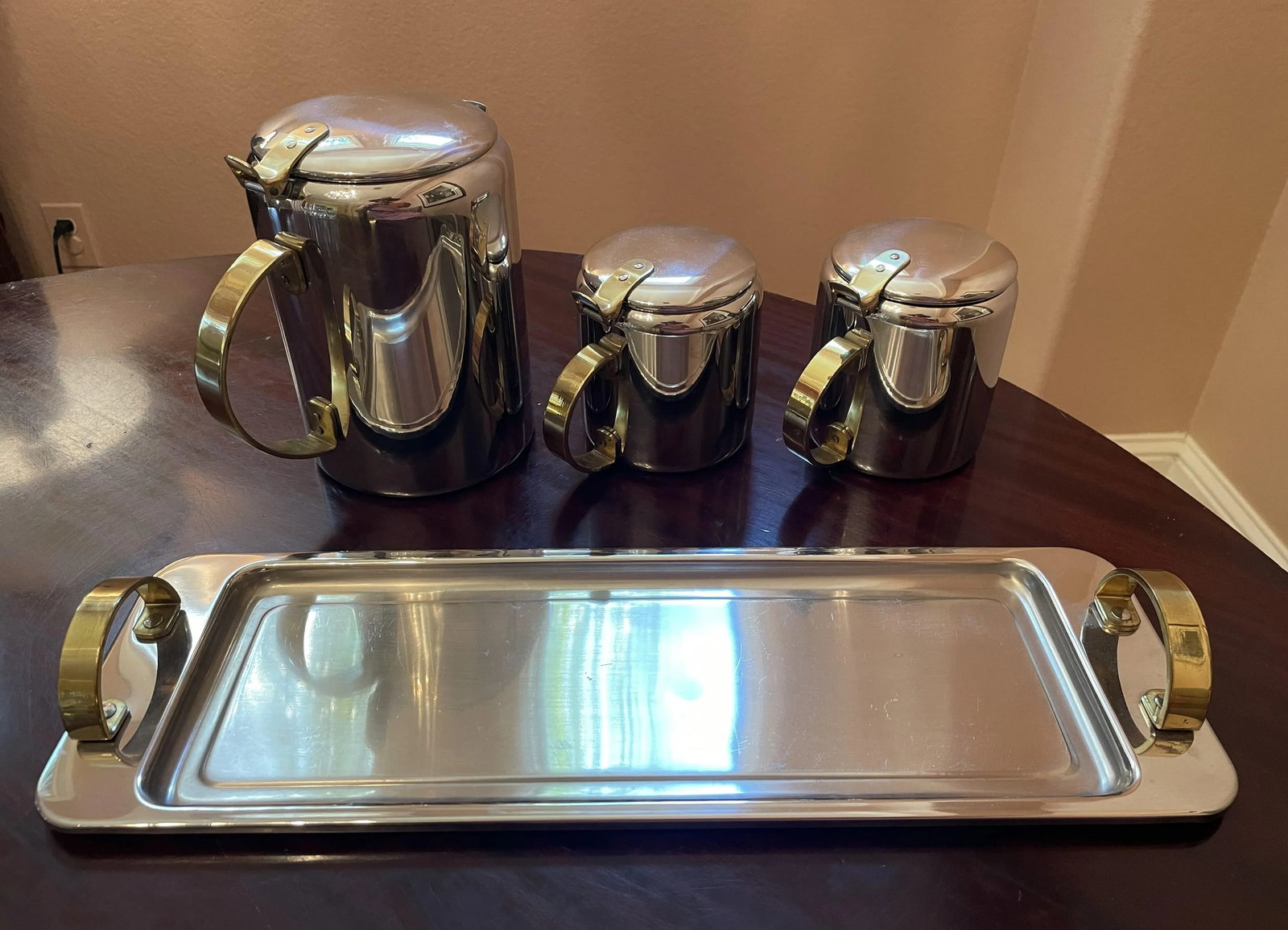 1960s Mid-Century Modern Polished Chrome and Brass Tea or Coffee Service With Tray- 4 Pieces - 4