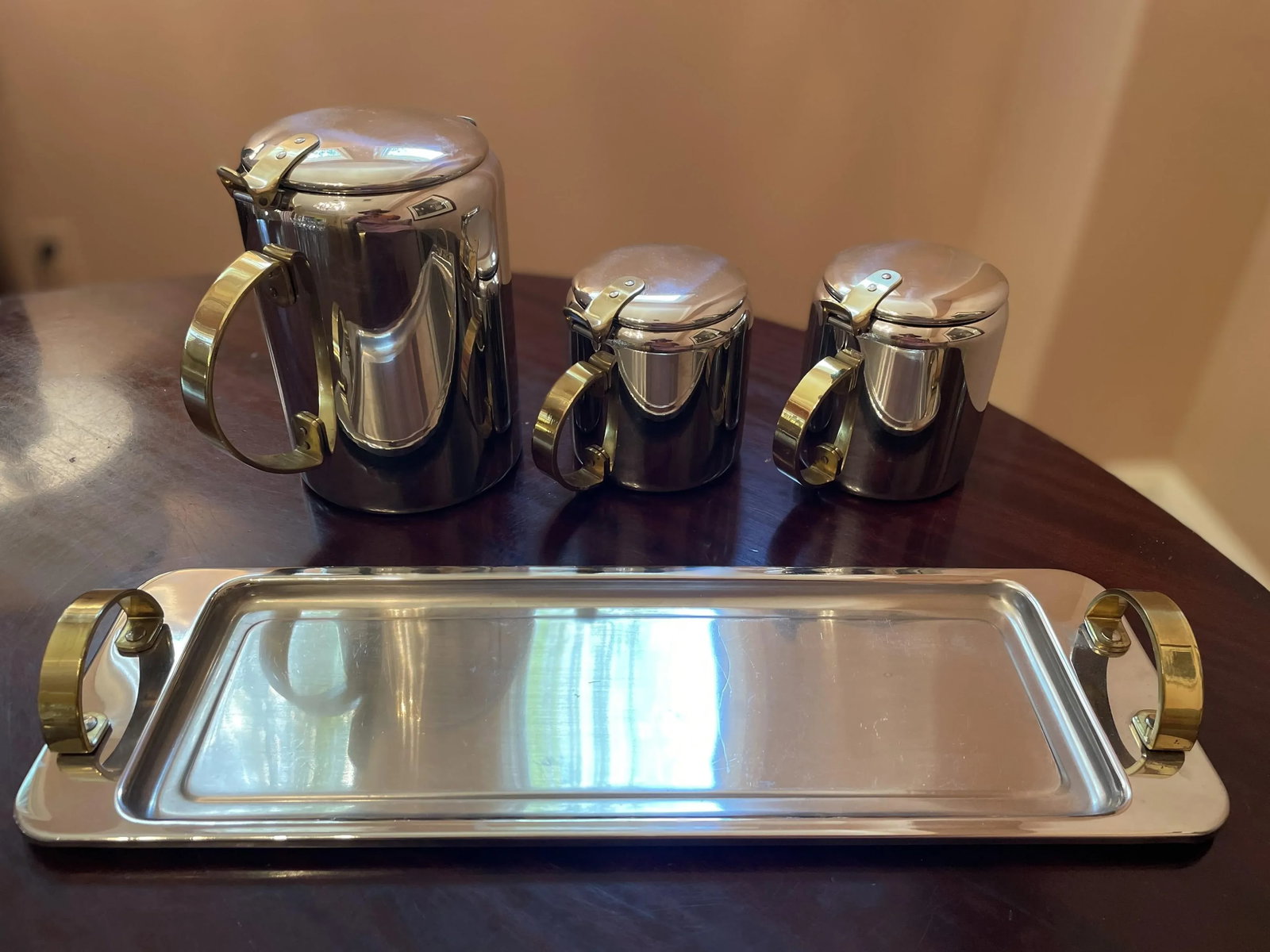 1960s Mid-Century Modern Polished Chrome and Brass Tea or Coffee Service With Tray- 4 Pieces - 5