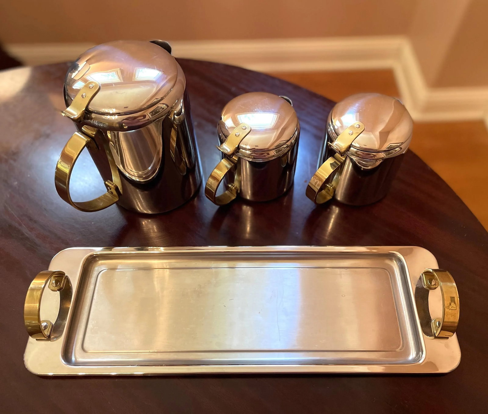 1960s Mid-Century Modern Polished Chrome and Brass Tea or Coffee Service With Tray- 4 Pieces - 6