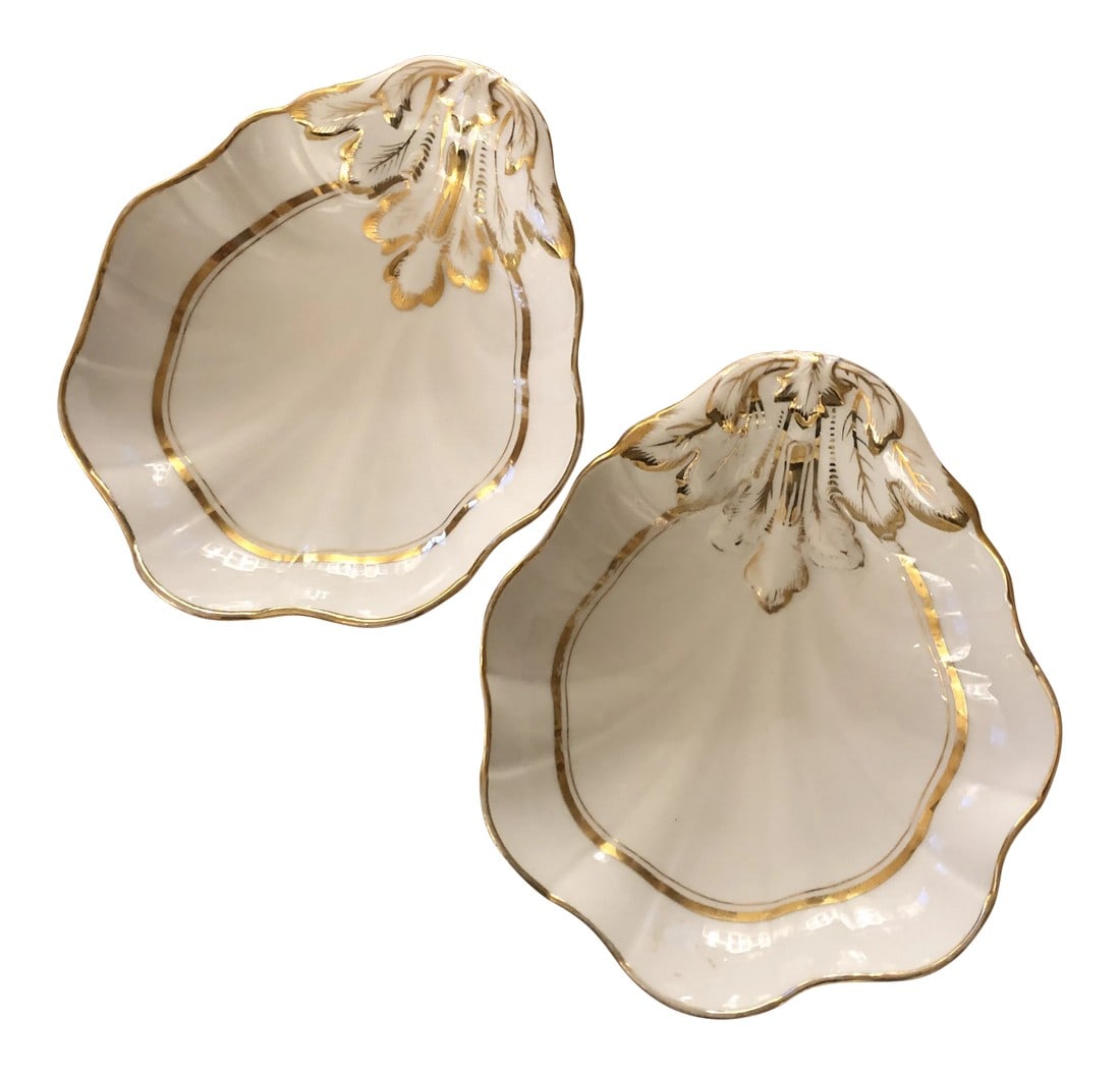 French 19th Century Porcelain Gilt Decorated Shell Form Dishes - a Pair: Lovely Napoleon III French shell form dishes with gold detailing. Great for candy, jellies , pin trays on a dressing table or soap dish. Condition: Alterations: Original Condition Unaltered