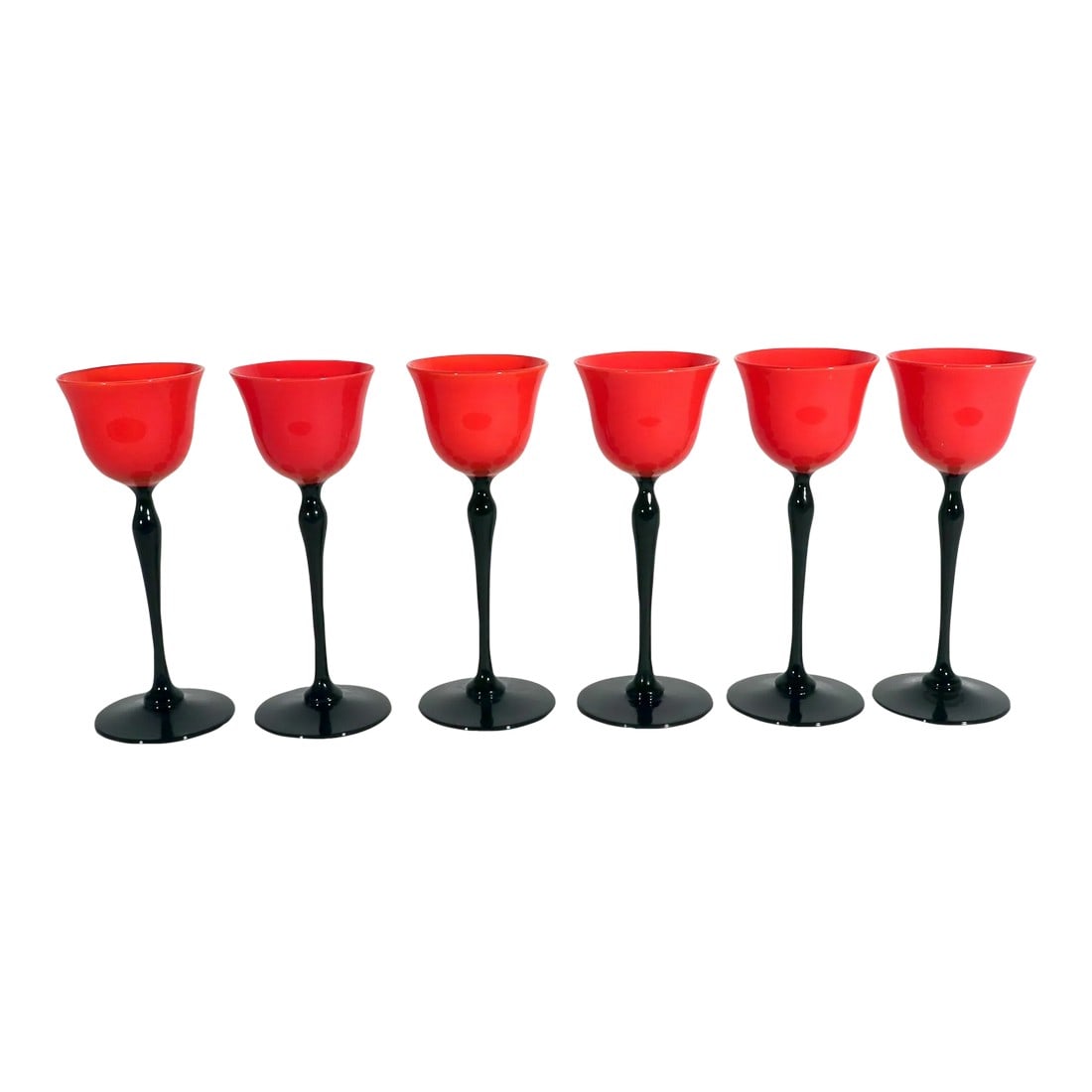 Bohemian Art Deco Tango Set of Six Glasses, Loetz or Harrach: Bohemian Art Deco Tango Set of Six Glasses, Loetz or Harrach, 1920s The set of six glasses are in the form of a red tulip with a black shaped stem Dimensions: 7-1/4 inches tall by 2-3/4 inches across