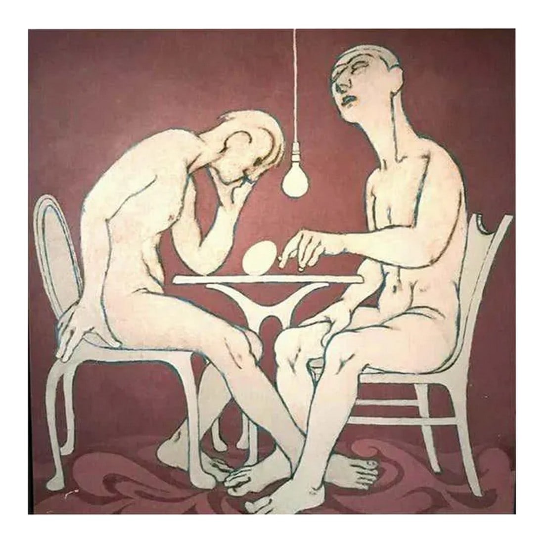 Midcentury Figural Oil Painting "Triumph of the Egg", 1970s: Midcentury figural oil painting "Triumph of the Egg", 1970s. Condition: Alterations: Original Condition Unaltered Imperfections: Some Imperfections Condition Notes: Wear consistent with age and use. M