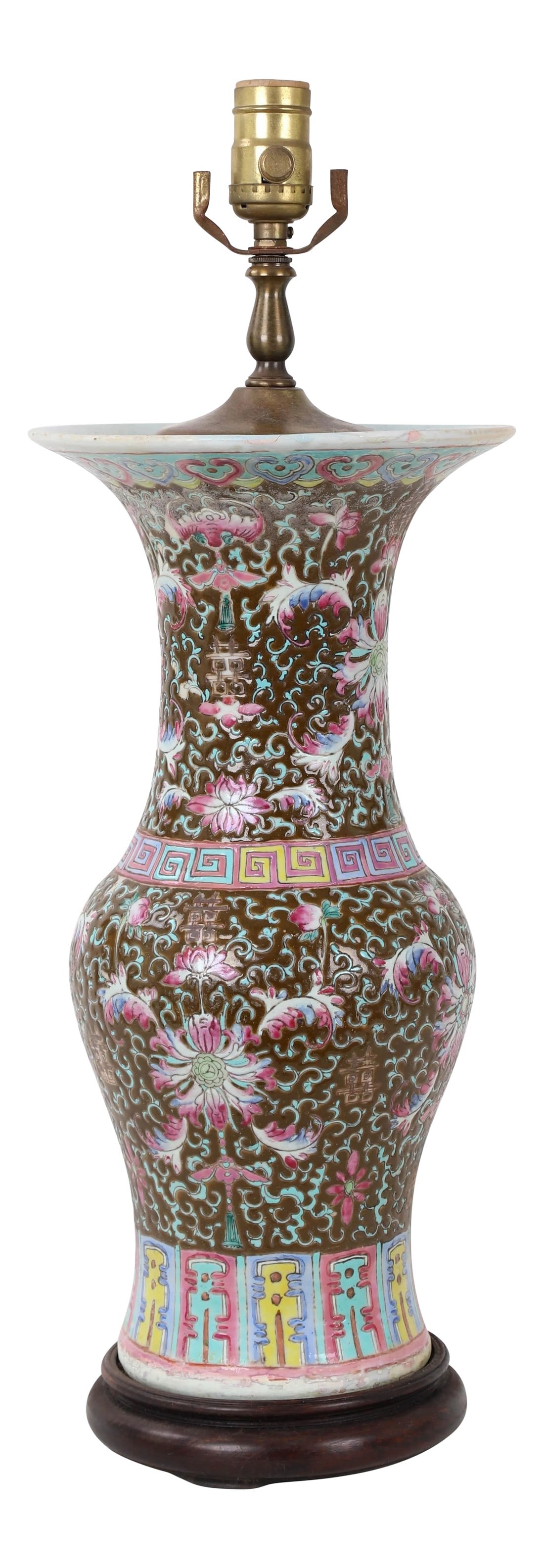 Late 19th Century Famille Rose Arabesque Qing Vase Lamp: Hand-painted and glazed, Arabesque style Famille Roses dot a dark background. Condition: Alterations: Original Condition Unaltered Imperfections: Some Imperfections Condition Notes: In good vintage co