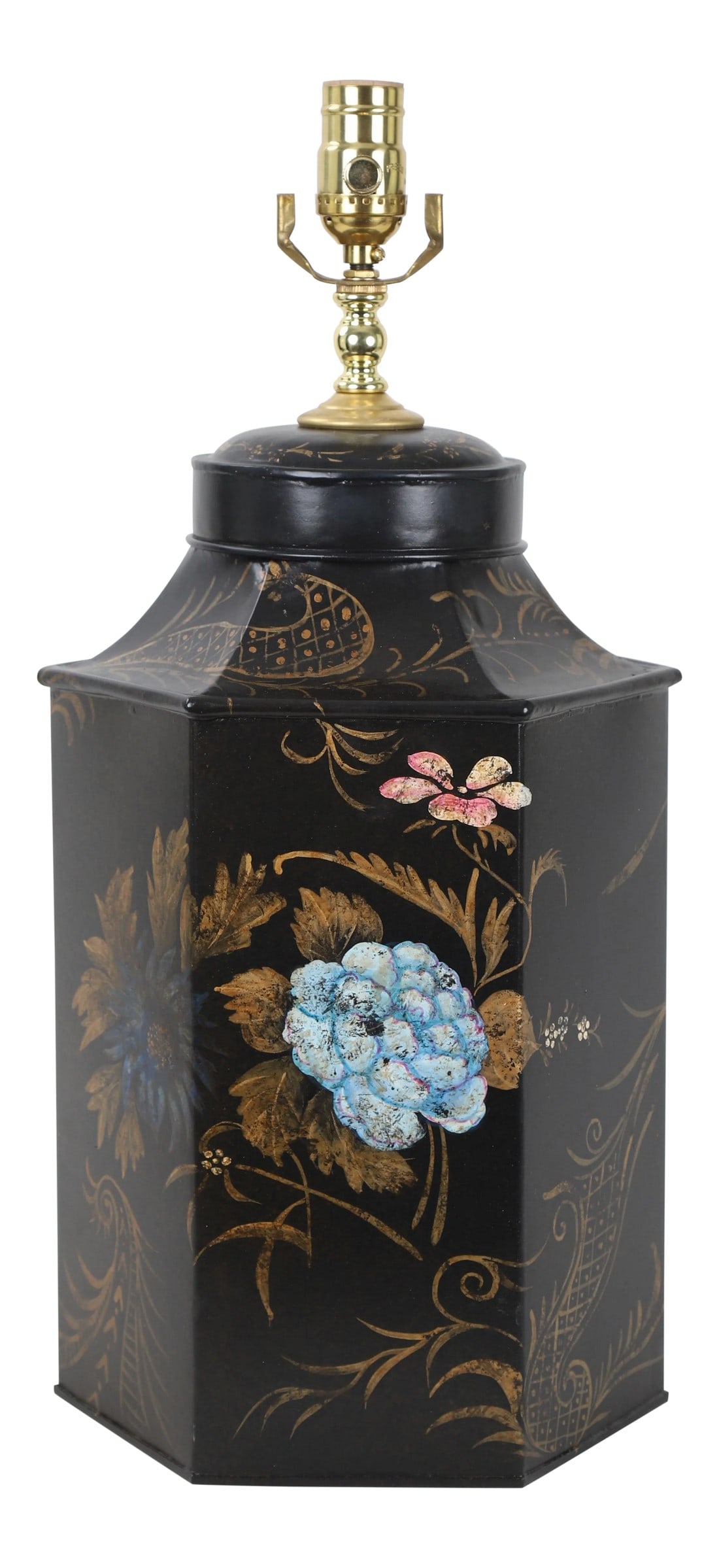 Vintage Famille Rose Hexagon Style Tea Caddy Lamp: This hexagon style tea caddy lamp is hand painted decorated with arabesque flora in gold paint. The two pieces with slightly different arrangement. Condition: Alterations: Original Condition Unaltered