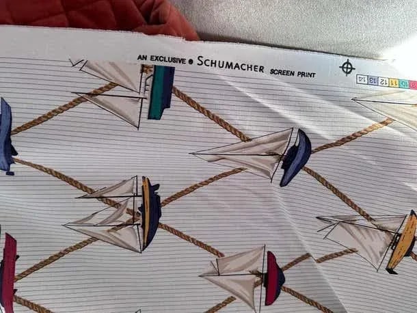 1990s Schumacher Sailboats Nautical Textile, White Cream, Multi Color Vintage Cotton - 10 Yards - 2