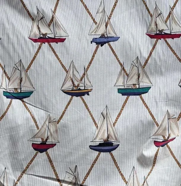 1990s Schumacher Sailboats Nautical Textile, White Cream, Multi Color Vintage Cotton - 10 Yards - 3