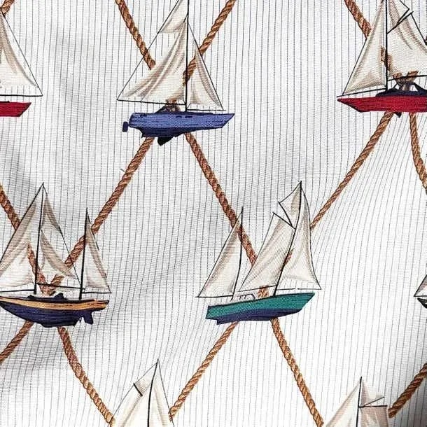 1990s Schumacher Sailboats Nautical Textile, White Cream, Multi Color Vintage Cotton - 10 Yards - 4
