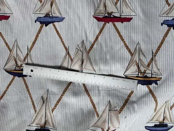 1990s Schumacher Sailboats Nautical Textile, White Cream, Multi Color Vintage Cotton - 10 Yards - 5