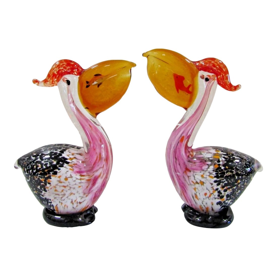 1980s Pair of Vintage Murano Style Art Glass Pelican Figurines With Fish in Mouth: Pair of Vintage Murano Art Glass Pelican Figurines with Fish in Mouth Vintage Murano glass pelican paperweight figurines with a fish in its mouth, in excellent condition. Each measures 7" high, 5