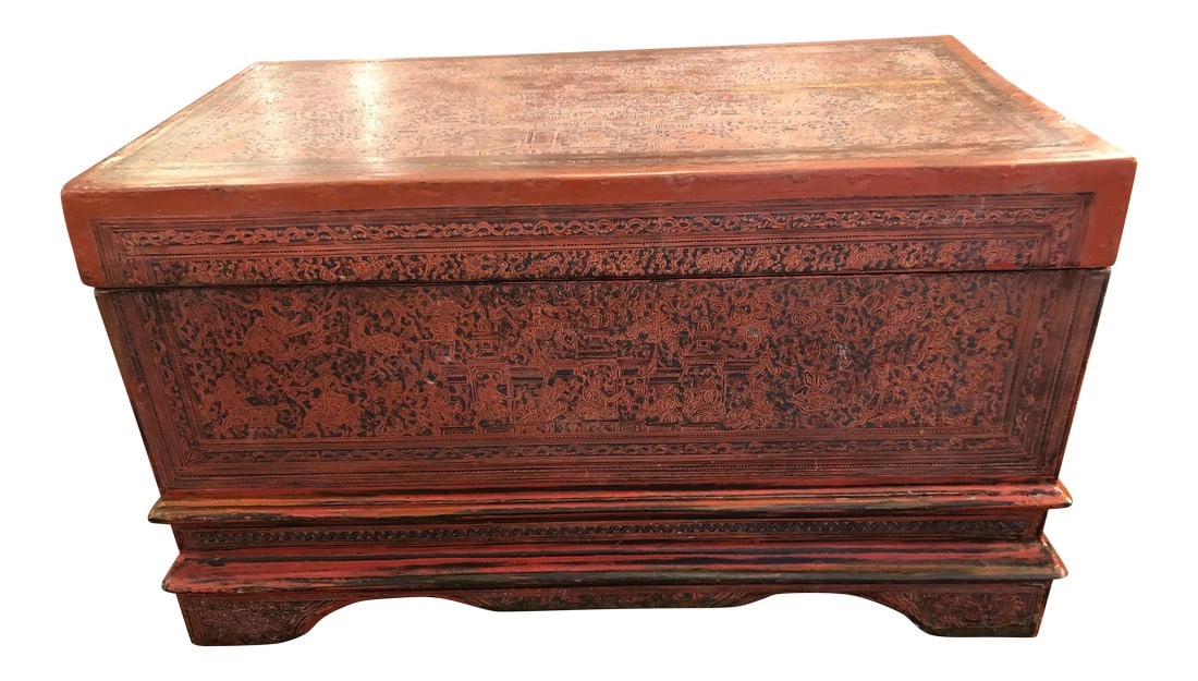 19th Century Chinese Box in Faded Cinnabar: If objects could talk, this box would have some interesting stories for all its wonderful aged patina, cracks and character. A faded cinnabar, the entire surface is meticulously hand painted, and