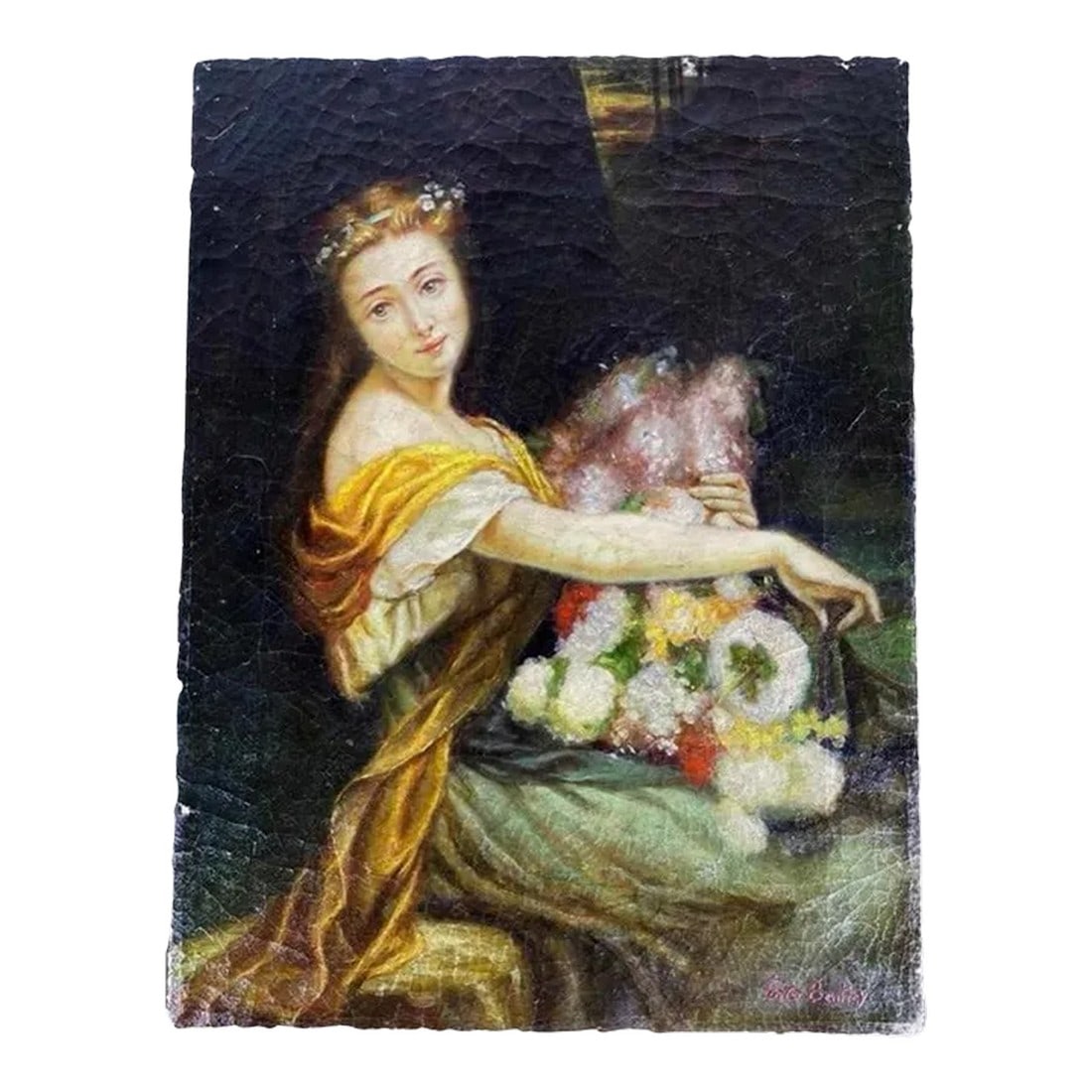 Dionysia by Foster Bentley Oil on Board: Dionysia by artist Foster Bentley with signature in bottom right corner. After the Pierre Auguste Cot piece by the same subject in 1870. Oil on Board. c. 19th-20th c. Condition: Alterations: Original 