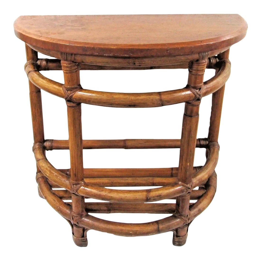 1940's Half Round Demilune Bamboo Side Table With Ladder Sides and Mahogany Top: Half Round Demilune Bamboo Side Table with Ladder Sides and Mahogany Top. Vintage 1940s two-tier rattan side table featuring stylized single strand legs, ladder sides and beautiful half round mahogany