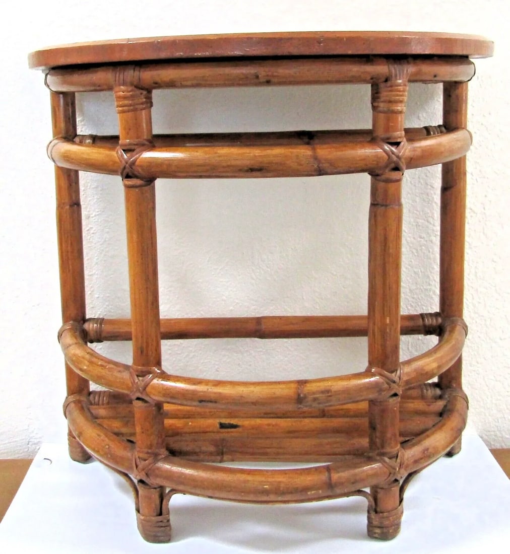 1940's Half Round Demilune Bamboo Side Table With Ladder Sides and Mahogany Top - 2