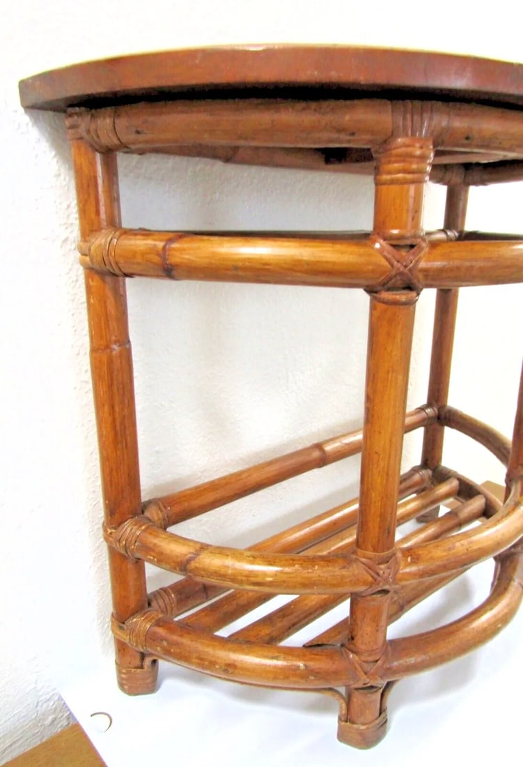 1940's Half Round Demilune Bamboo Side Table With Ladder Sides and Mahogany Top - 3