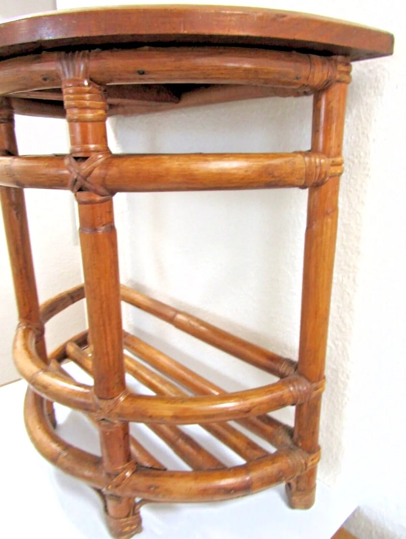 1940's Half Round Demilune Bamboo Side Table With Ladder Sides and Mahogany Top - 4