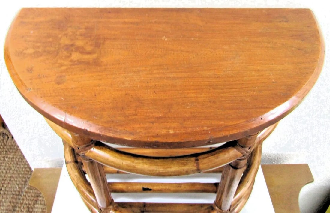 1940's Half Round Demilune Bamboo Side Table With Ladder Sides and Mahogany Top - 6