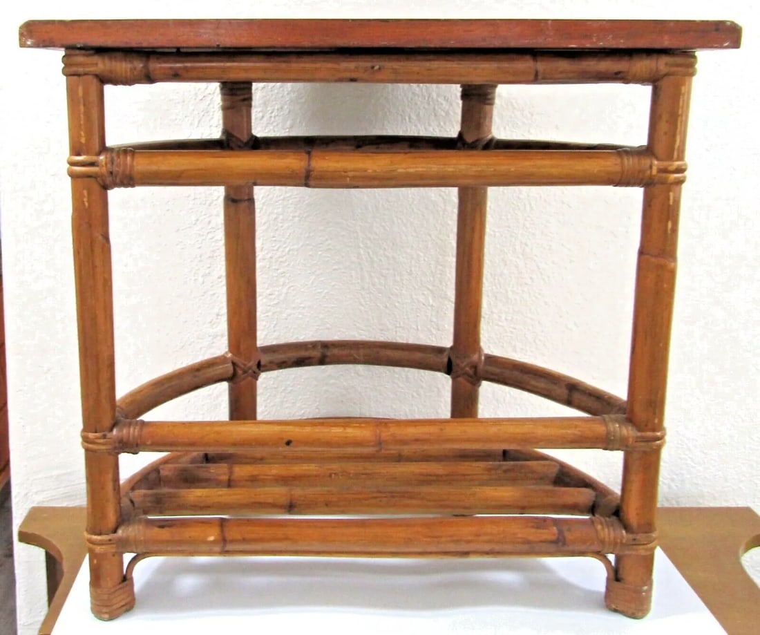 1940's Half Round Demilune Bamboo Side Table With Ladder Sides and Mahogany Top - 7