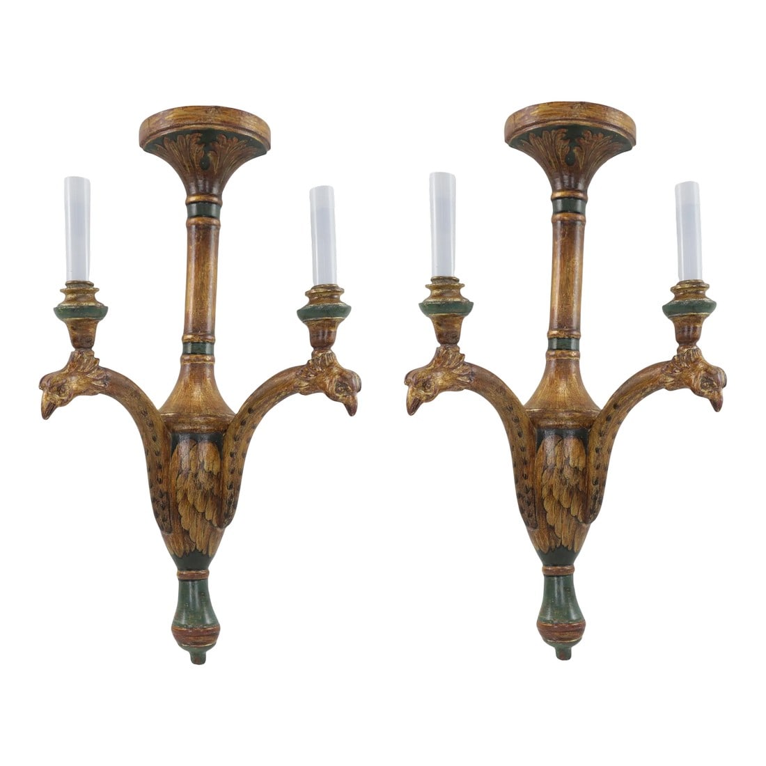 Pair of 19th-Century Rococo-Style Wood Carving Wall Lamps.: Pair of 19th-century Rococo-style wood carving wall lamps. The back panel is a bird with gorgeous gilded feathers on the body. The two bird heads are divided to the left and right to serve as light