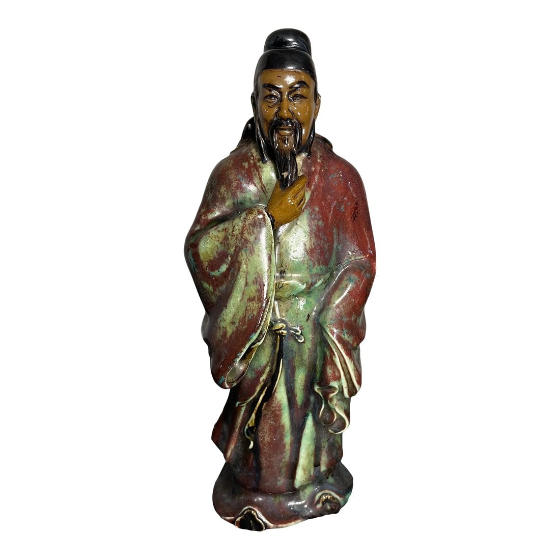 Mid 20th Century Chinese Shiwan Pottery Figure: Chinese ceramic figure of bearded man in red and green glaze. I love the subtle earthy tones and thick heavy feel to this piece. Condition: Alterations: Original Condition Unaltered Imperfections:
