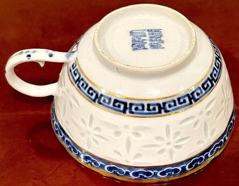 19th Century Blue & White Nanking 'Rice Grain' Cups & Saucers, Qianlong Marked - a Pair - 2
