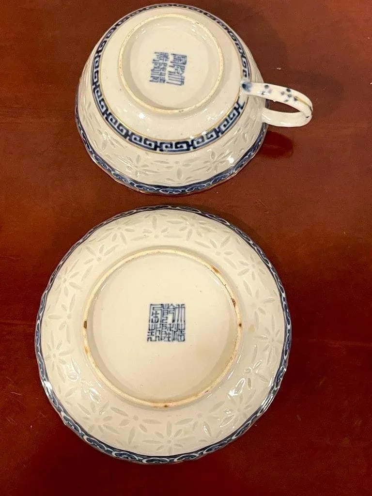19th Century Blue & White Nanking 'Rice Grain' Cups & Saucers, Qianlong Marked - a Pair - 6