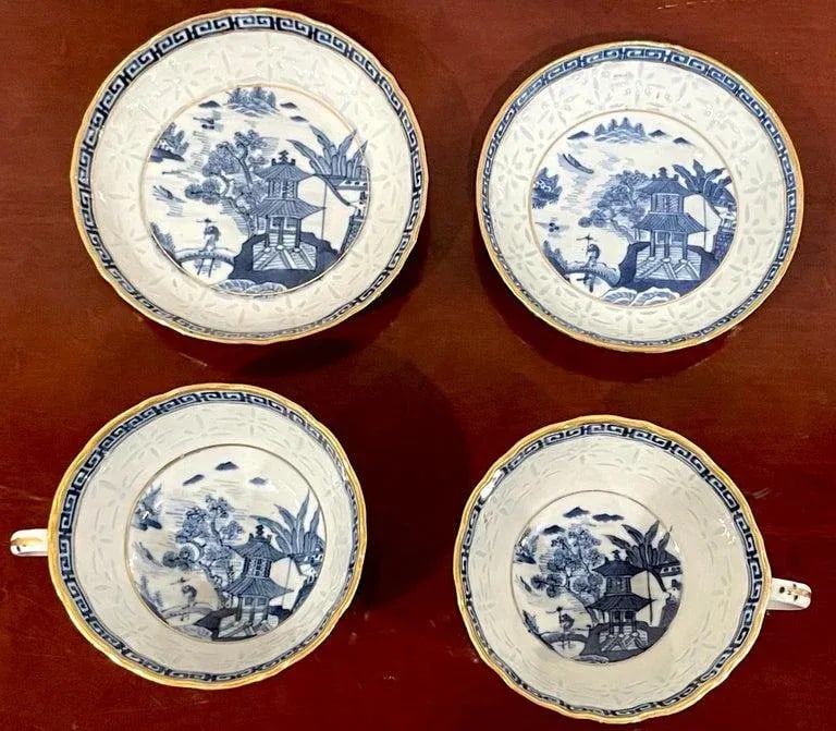 19th Century Blue & White Nanking 'Rice Grain' Cups & Saucers, Qianlong Marked - a Pair - 7