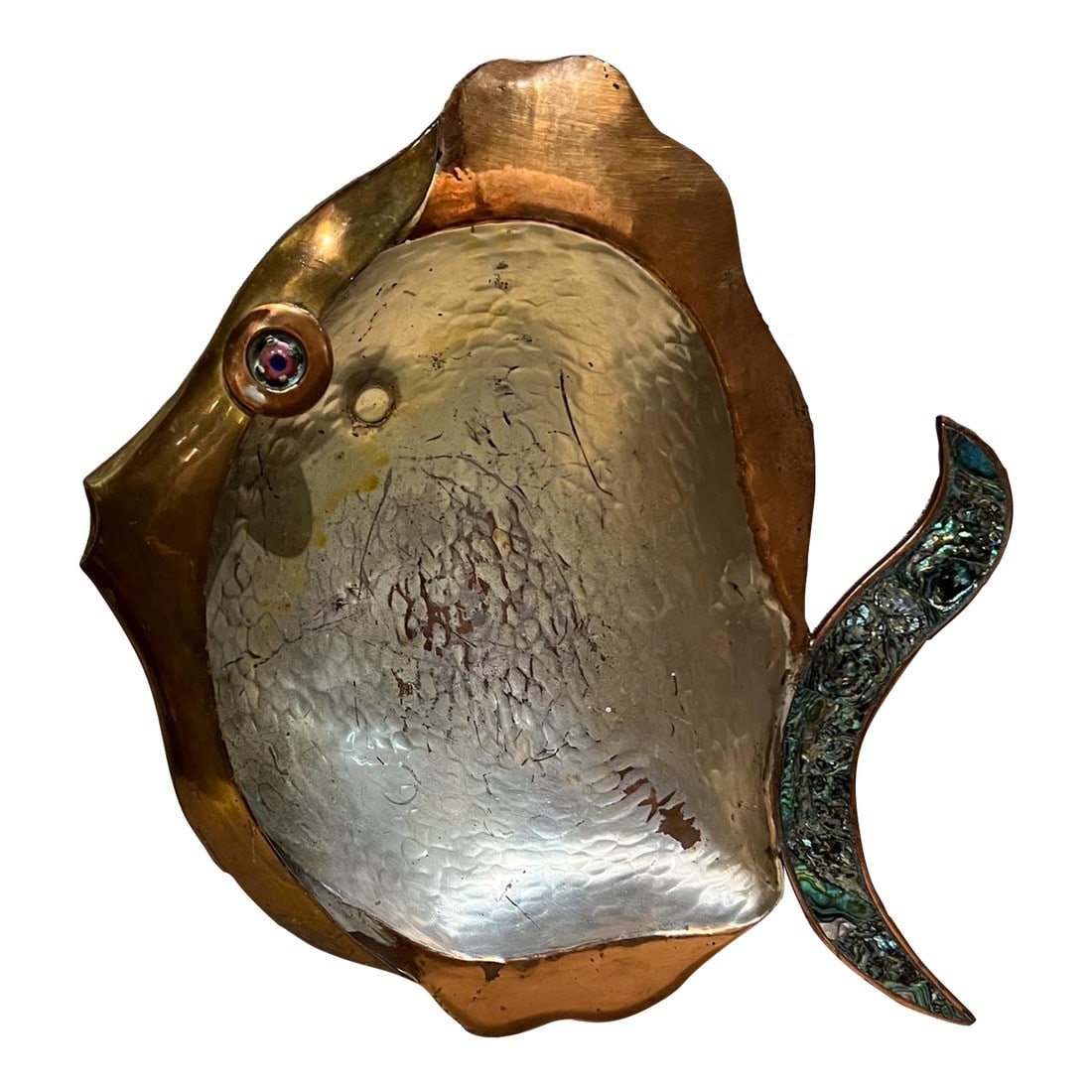 1960s Los Castillo Fish Bowl Abalone Mixed Metal Taxco Mexico: AMBIANIC presents 1960s Los Castillo Handcrafted Handwrought Mexican Artistry Taxco Mexico decorative Fishbowl Platter Catch All Footed Dish Abalone silver brass metals copper 2.5 h x 13.5 w x 12 d St