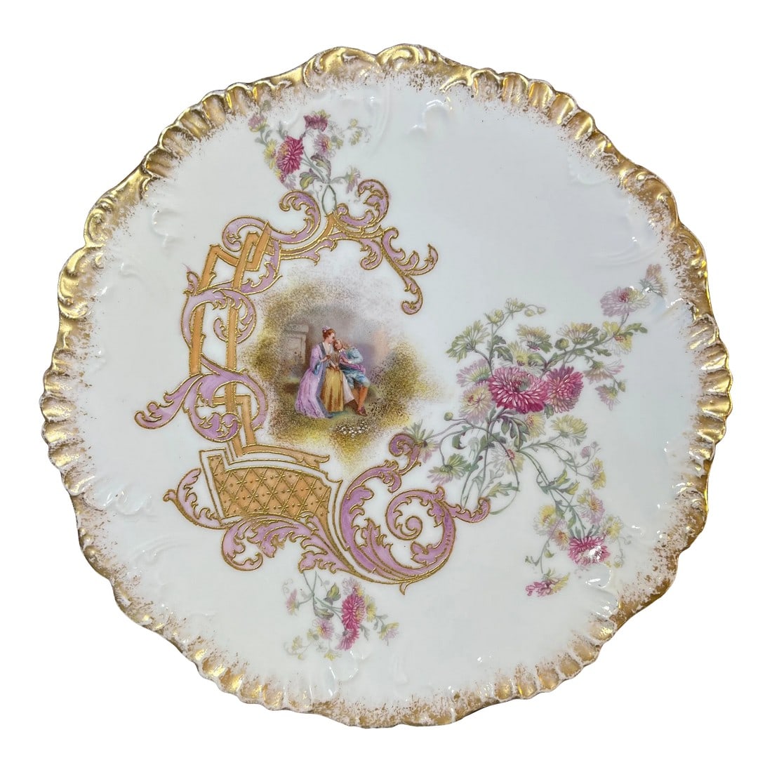 Early 20th Century Antique Limoges Ak CD Porcelain Plate, France: Early 20th century, hand painted in a gold tracery scroll design. Depicting a courting couple surrounded by flowers. Marked on bottom Limoges, France, AK CD. Condition: Alterations: Original Condition