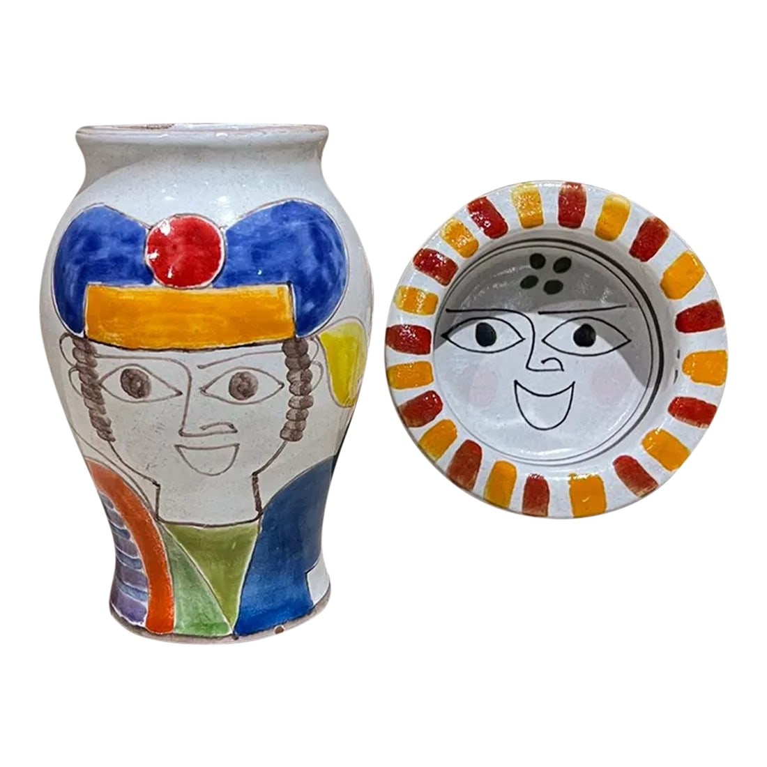 1960s Giovanni Desimone Italian Pottery Set Vase and Plate Italy: AMBIANIC presents 1960s Giovanni Desimone Italian Pottery Set Vase and Plate hand painted ceramic art pottery maker stamped Desimone Italy. Desimone Vase 5.75 h x 4 diameter Desimone Decorative Plate 
