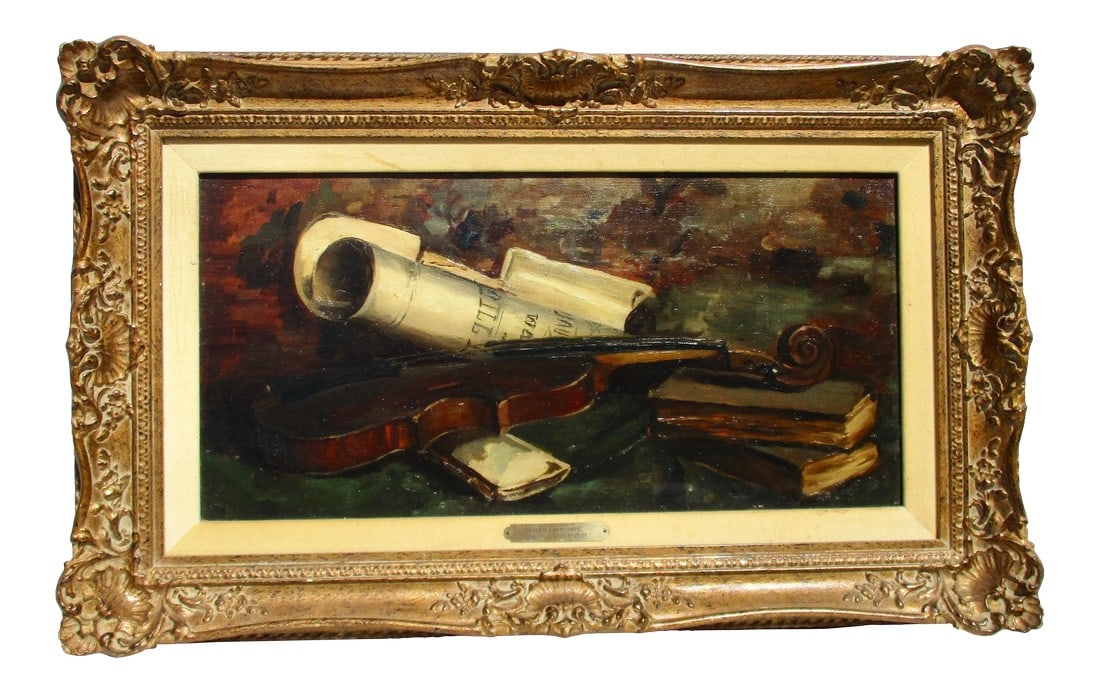 19th Century Antique Violin Still Life Framed Painting: Violin composition in 19th century still-life. Great period frame with steel corner brackets to reverse. Wiring lower of middle to allow handing at 45 degree angle, used as overdoor to music room. Unk