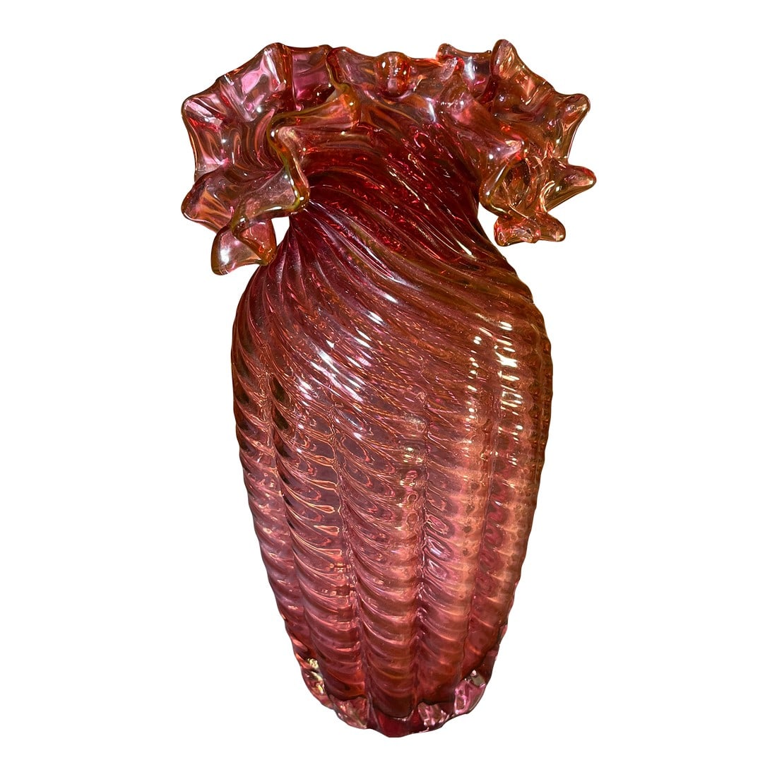 Late 20th Century Fenton Cranberry Ruffled Glass Vase (1 of 8)