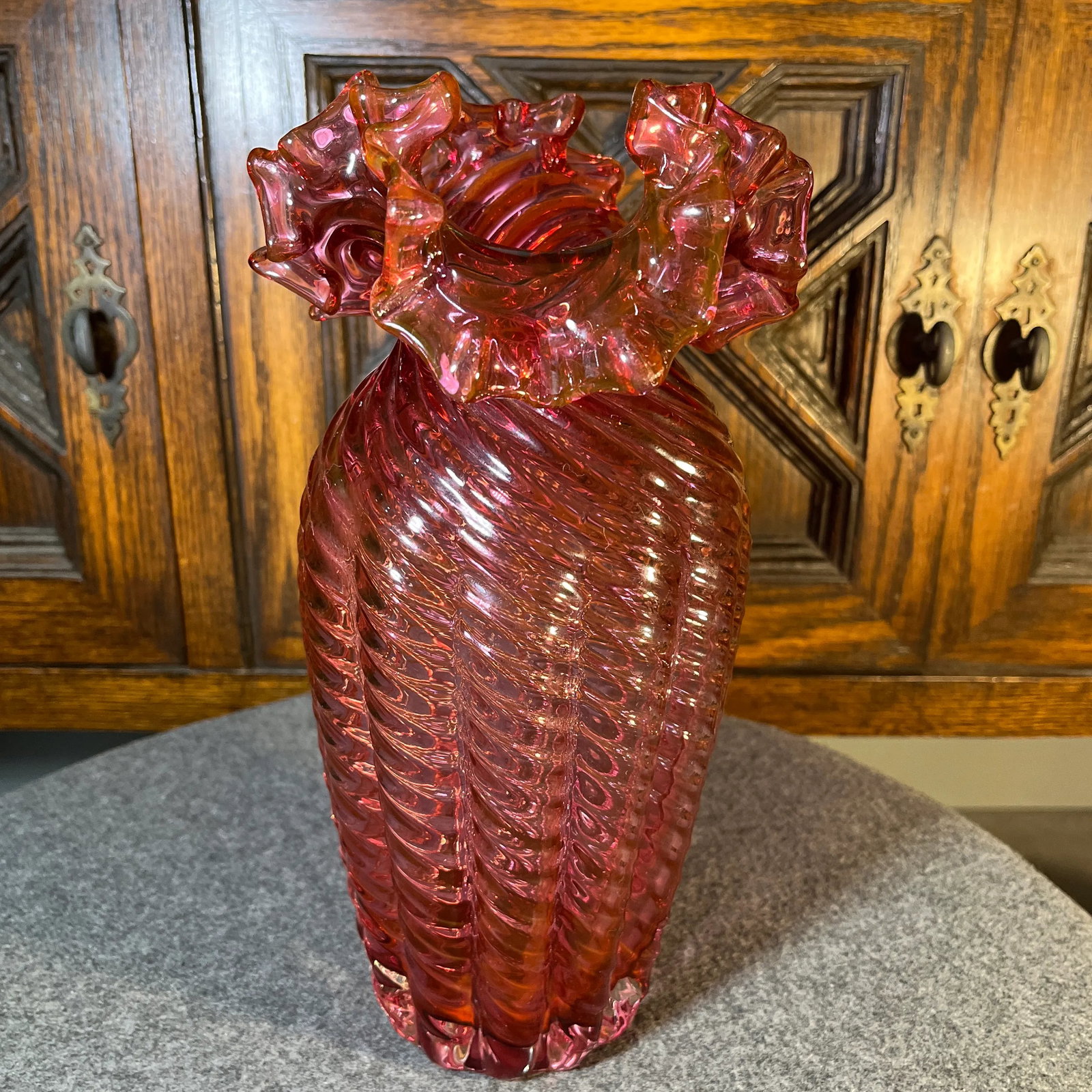 Late 20th Century Fenton Cranberry Ruffled Glass Vase - 2