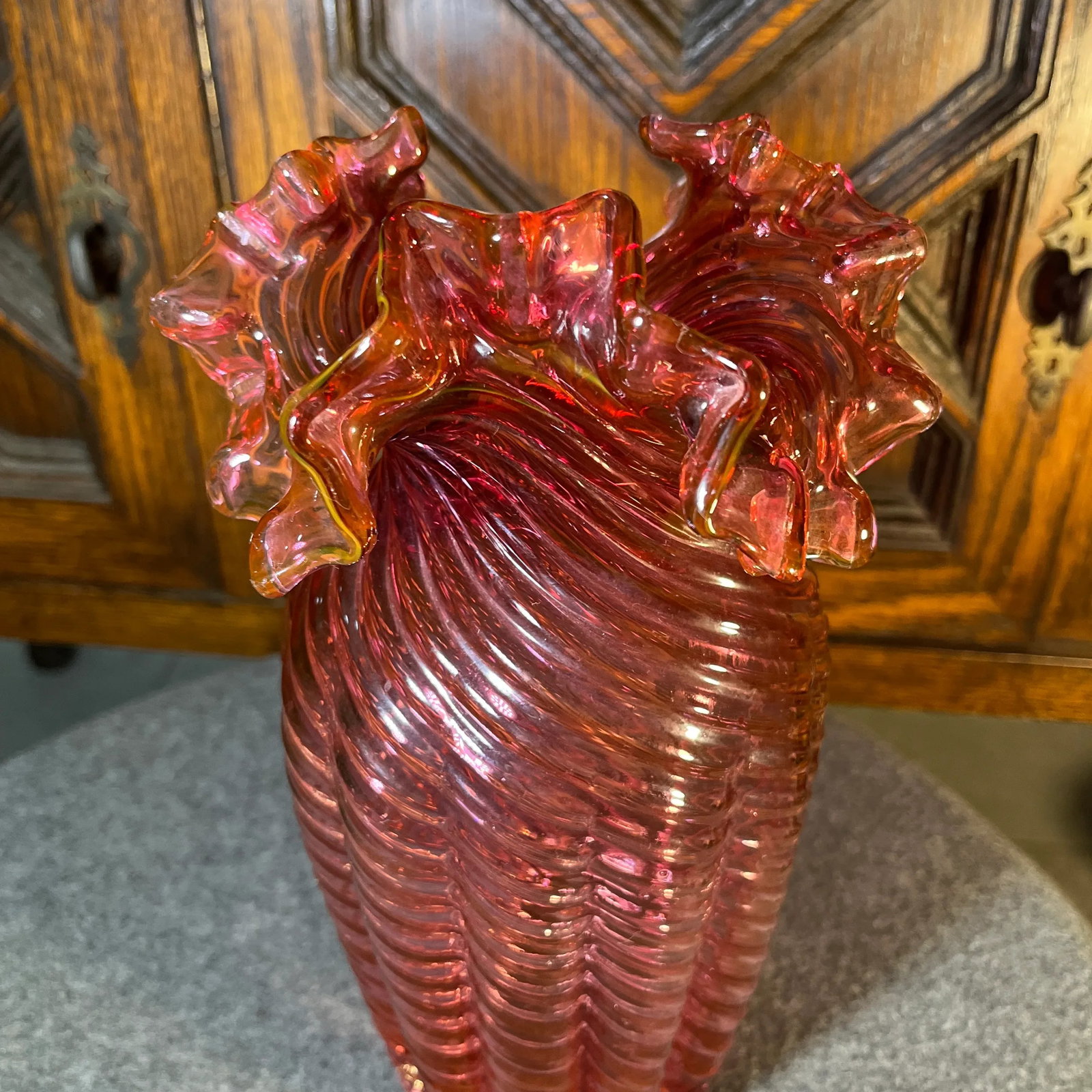 Late 20th Century Fenton Cranberry Ruffled Glass Vase - 4