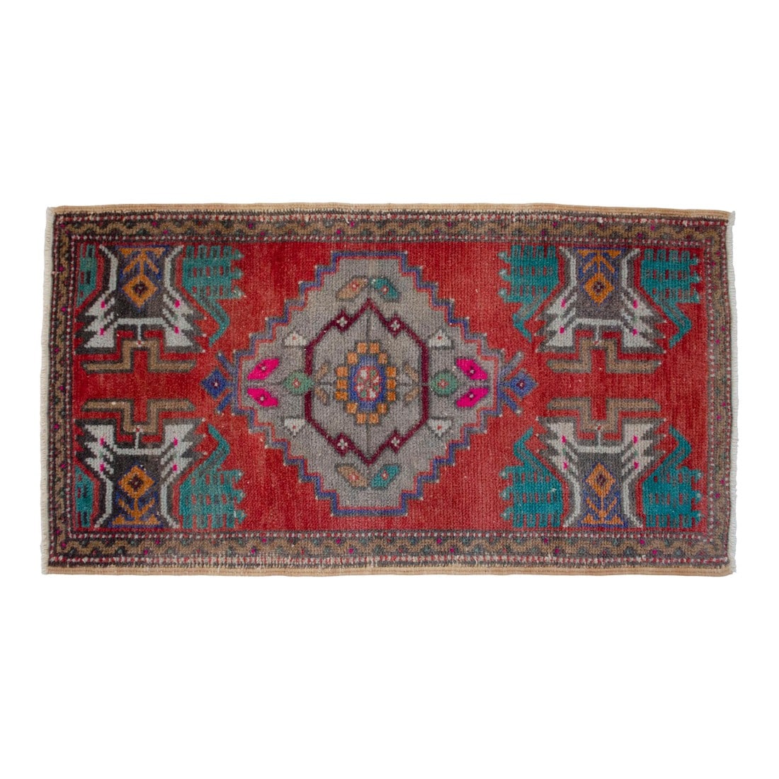 1970s Hand Knotted Small Oushak Rug Faded Mini Rug Mat - 1'8" X 3'2" (1 of 13)