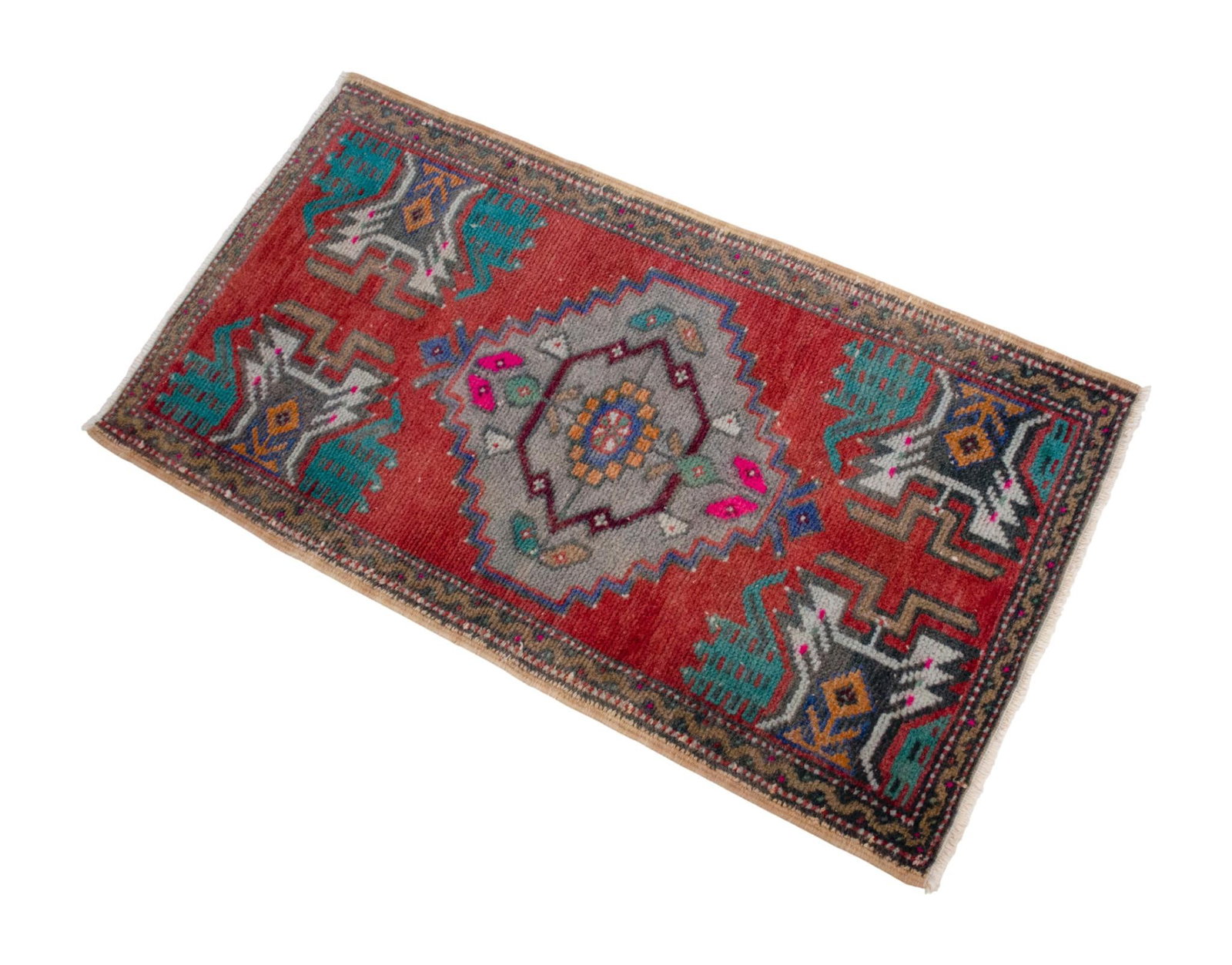 1970s Hand Knotted Small Oushak Rug Faded Mini Rug Mat - 1'8" X 3'2" - 6