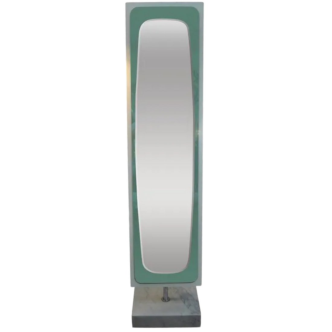 1970's Vintage Italian Fontana Arte Style Standing Mirror on Marble Base: Beautiful Italian Fontana Arte inspired standing floor mirror on Carrara marble base. Vintage Italian full-length mirror has a pale green border and beveled center. This stunning mid-century beveled