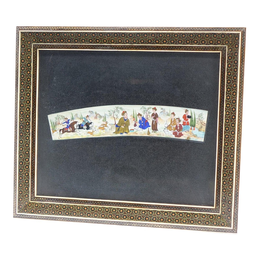 Persian Khatam Frame Inlaid With Artwork Paint on Faux Ivory Signed Original: Persian Khatam Frame Inlaid with Artwork - Paint on Faux Ivory, Signed Original - 14" x 12" This exquisite Persian artwork is a harmonious blend of traditional craftsmanship and fine artistry. The