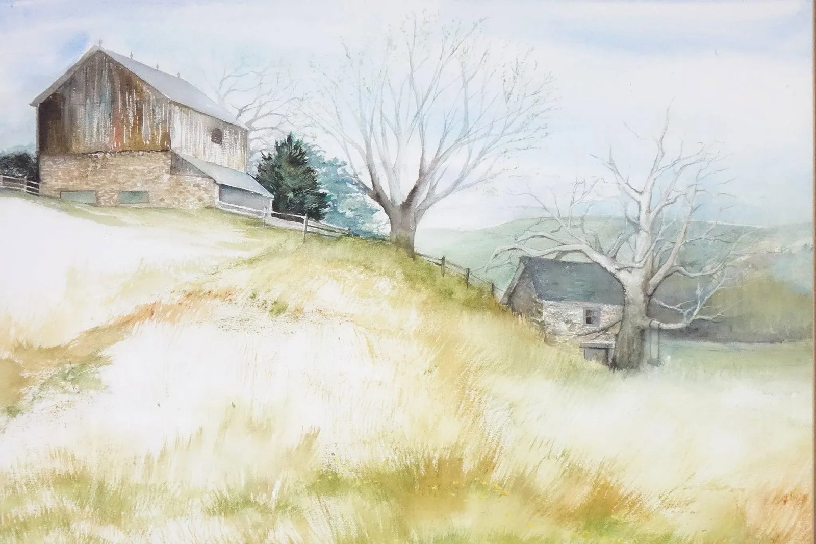 1960s Landscape of a Farm Original Watercolor on Paper Signed Clarissa Johnson, Framed - 2