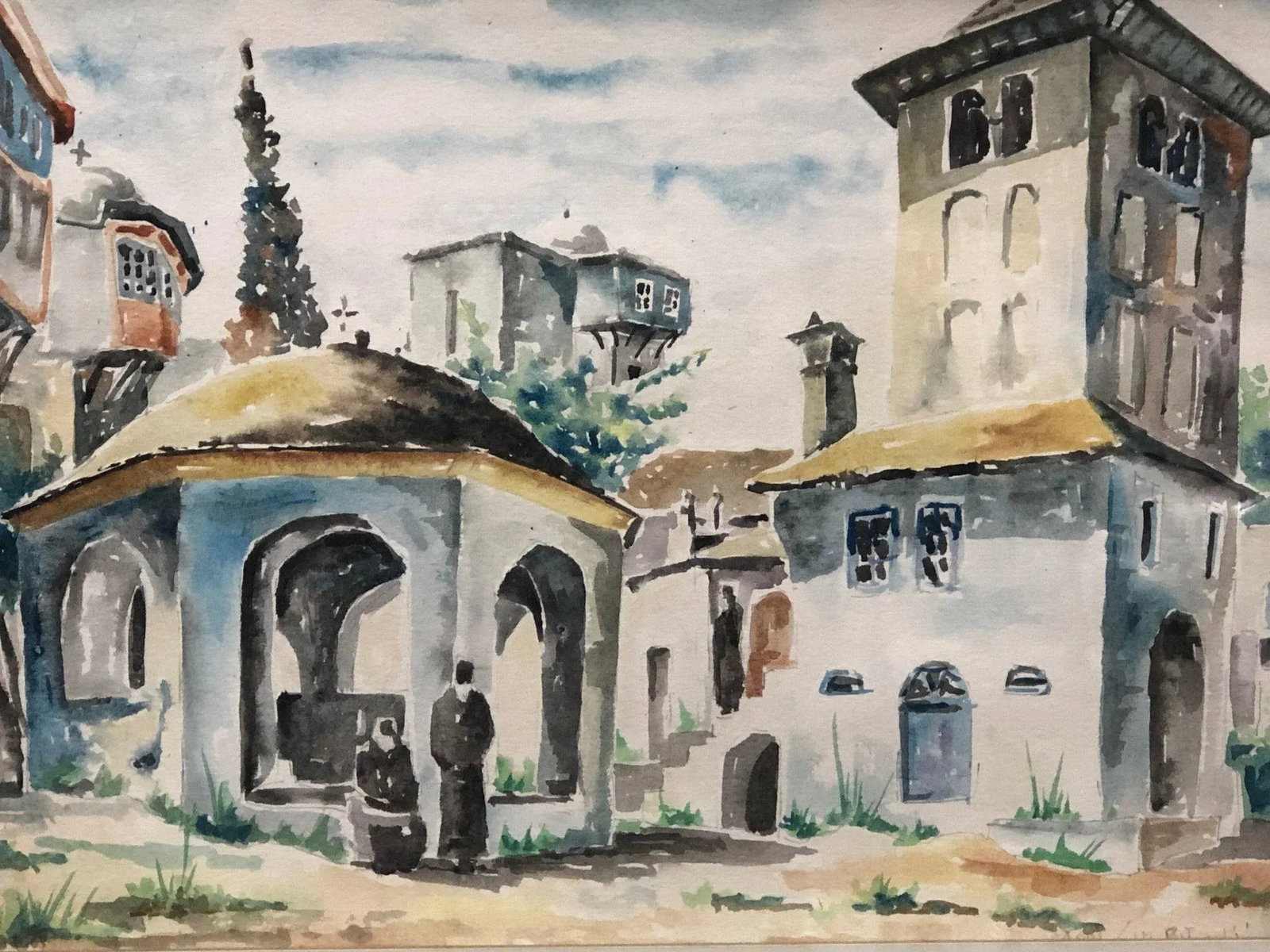 City of Arches and Shadows - Early 20th Century Antique Ottoman Original Watercolor Painting – - 2