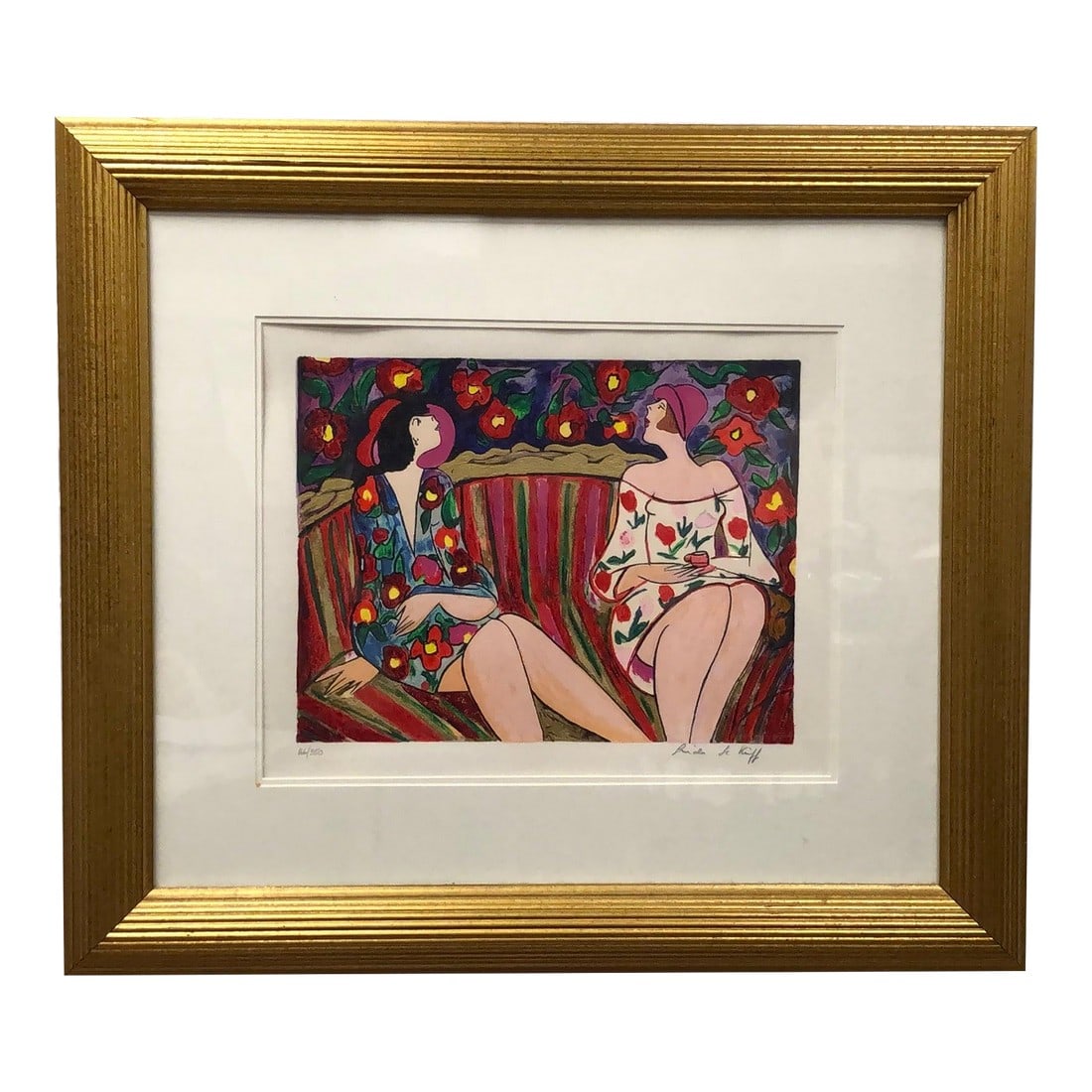 Late 20th Century Limited Edition Print by Israeli Artist Patricia Govezensky: This artwork is a limited edition print by Israeli artist Patricia Govezensky, known for her colorful figurative works depicting elegant women in intimate settings. The print is numbered as part of a 