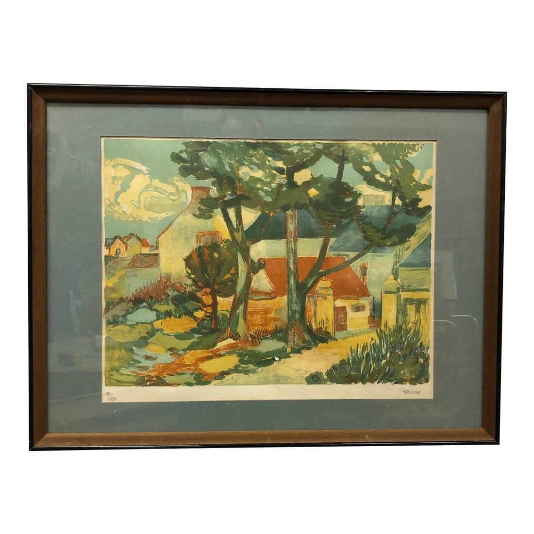 Vintage Signed Limited Edition Village Landscape Lithograph, Framed: Vintage Signed Limited Edition Village Landscape Lithograph, Framed Striking vintage limited-edition color lithograph depicting a charming village scene with houses nestled among tall trees. Rendered 