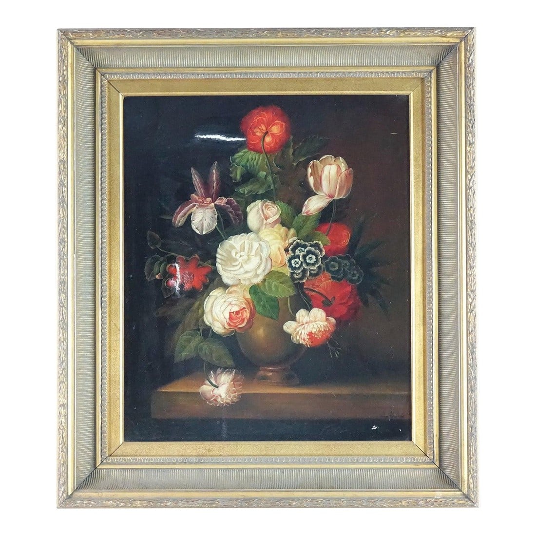 Early 20th Century Floral Still Life Antique Original Oil on Canvas Signed, Framed: Floral Still Life, Antique, Original Oil on Canvas, Signed – 27" x 31" This antique floral still life captures a timeless elegance, rendered in oil on canvas with rich tones and confident brushw