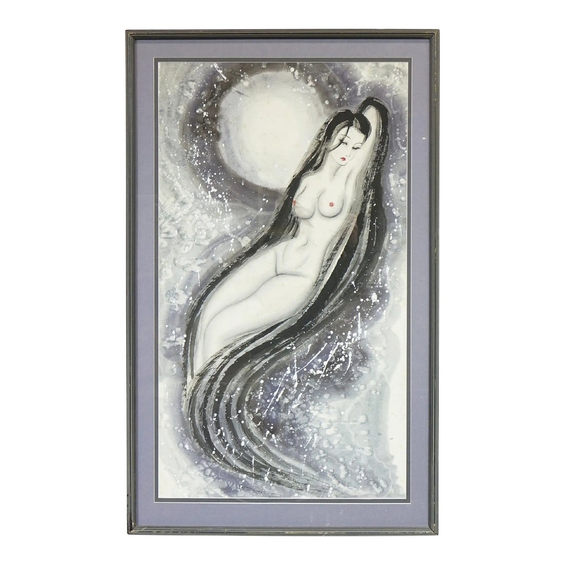 Mid 20th Century Nude Watercolor Ink Painting on Paper Original, Framed: Nude, Watercolor & Ink on Paper, Original - 25.5" x 41.5" This is an absolute beautiful piece of art. Mostly using black and white. The details and subject matter are amazing. It has wood framing.