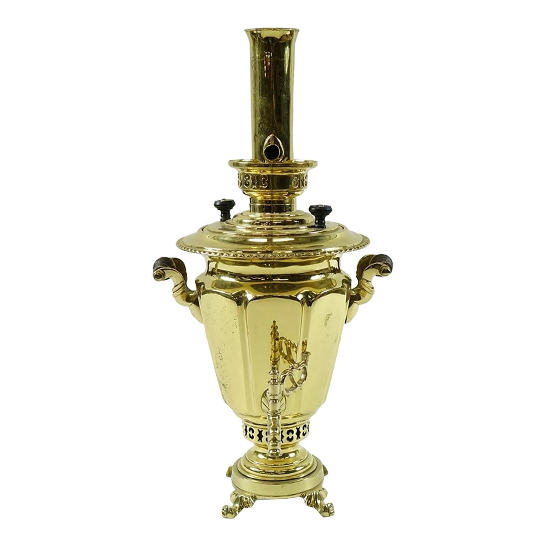 Antique Brass Russian Samovar 19th Century With Stamps 6: Antique Brass Russian Samovar 19th Century with Stamps Condition: Alterations: Unknown Imperfections: Some Imperfections Condition Notes: Good condition Dimensions: Height: 20 in. Width: 10 in.