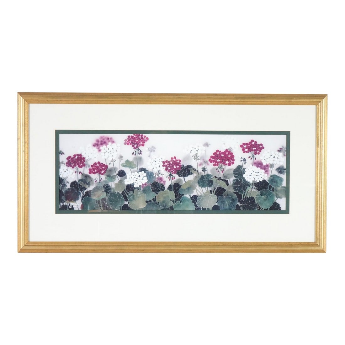 Late 20th Century Large Chang Flower Panel Signed Print: Striking large floral panel print featuring a horizontal garden vignette of rounded blossoms in deep magenta and white rising above layered, cool-toned foliage. The composition has a calm, airy feel"&