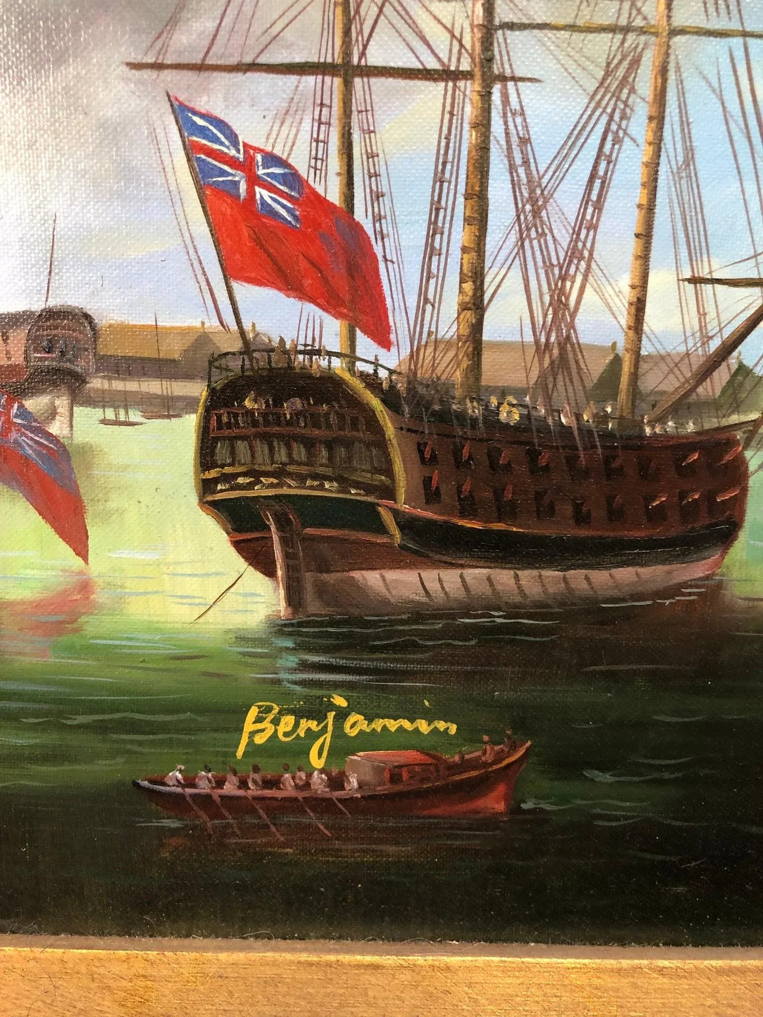 British Fleet of Ships on Water Original Signed Oil on Canvas - 4