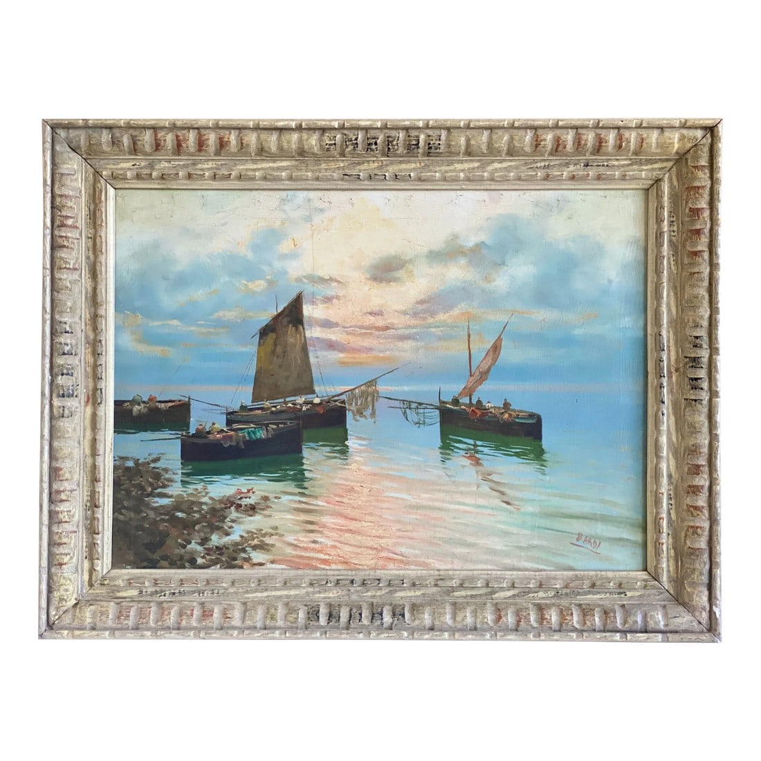 Mid 20th Century Original Painting by Bardi Oil on Linen: Beautifully framed original by Italian artist Gustavo Bardi (1898-1967) of a seaside scene with fishing boats against a dusk or dawn sky. Similar to his Porto Di Livorno work. This captivating oil