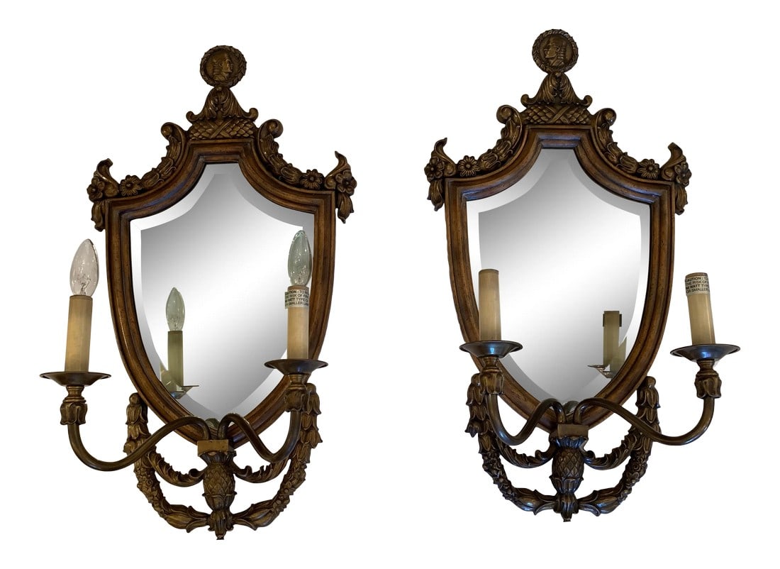 Handsome Shield Back Mirror Two-Arm Sconces With Bronze Medallion Top - a Pair: Pair of impressive shield back mirror two-arm sconces by Maitland Smith having neoclassical bronze figural medallion top. Condition: Alterations: Original Condition Unaltered Imperfections: Some