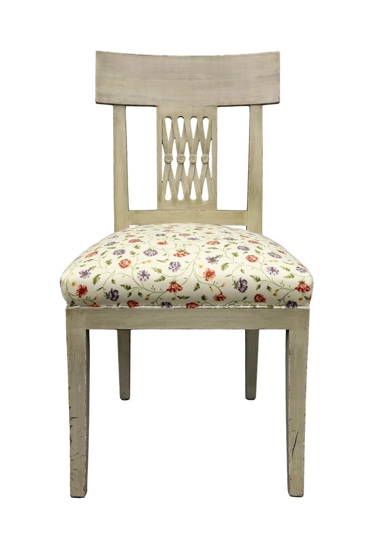 Vintage Mid Century Crisscross Back Floral Print Chair: Flower medallions on overlapping crisscross strips on the back. Upholstered with a arabesque flower pattern. Chair was finished in a light celadon color. Condition: Alterations: Original Condition