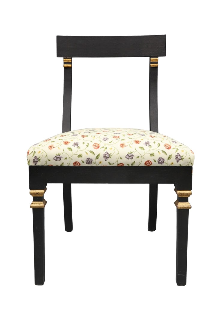 Late 20th Century Vintage Floral Print Upholstered Chair: This elegant chair finished in a dark stain is upholstered in an arabesque flower fabric with gold color accents around the legs and the back. Condition: Imperfections: Some Imperfections Condition No
